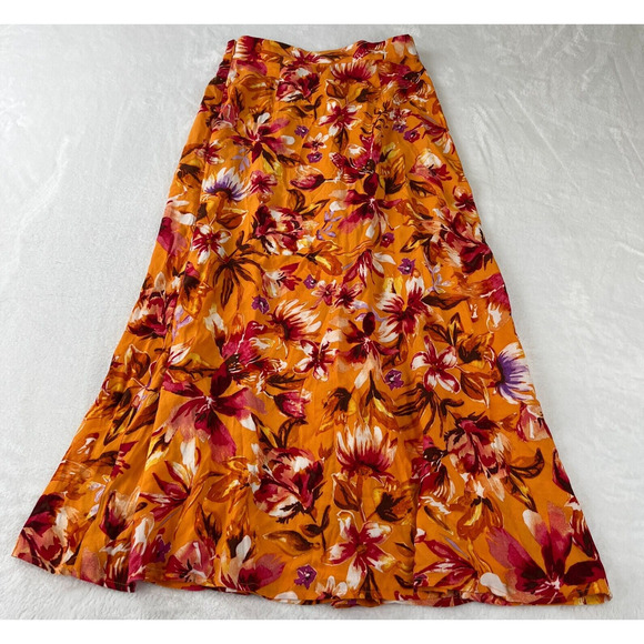 H&M A-Line Skirt Double Slit Orange Floral Long Skirt Size Small - Picture 1 of 9